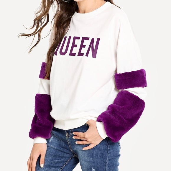 💕Faux Fur Embellished “QUEEN” Letter Sweatshirt💕 - Picture 2 of 6